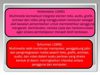 Hofstetetter (1995)
Multimedia bermaksud integrasi elemen teks, audio, grafik,
  animasi dan video yang menggunakan komputer sebagai
 alat kawalan persembahan untuk membolehkan pengguna
  mengarah, berinteraksi, mereka cipta dan berkomunikasi
      agar proses pembelajaran menjadi lebih berkesan.


                   Schurman (1995)
Multimedia ialah kombinasi manipulasi, penggabung jalin
dan pengintegrasian media seperti teks, grafik, animasi,
   audio, dan video dalam suatu perisian yang direka
     bentuk di dalam meningkatkan interaksi antara
                pengguna dan komputer.
 