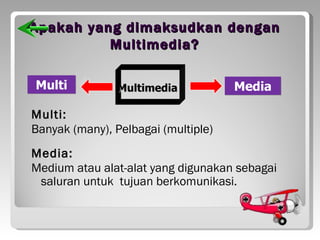 Apakah yang dimaksudkan dengan
          Multimedia?

Multi           Multimedia           Media

Multi:
Banyak (many), Pelbagai (multiple)
Media:
Medium atau alat-alat yang digunakan sebagai
 saluran untuk tujuan berkomunikasi.
 