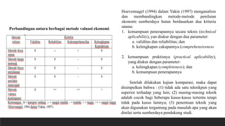 Setelah dilakukan kajian komparasi, maka dapat
disimpulkan bahwa : (1) tidak ada satu teknikpun yang
superior terhadap yang lain; (2) masing-masing teknik
adalah cocok bagi beberapa kasus-kasus tertentu tetapi
tidak pada kasus lainnya; (3) penentuan teknik yang
akan digunakan tergantung pada masalah apa yang akan
dinilai serta sumberdaya pendukung studi.
Hoevennagel (1994) dalam Yakin (1997) menganalisis
dan membandingkan metode-metode penilaian
ekonomi sumberdaya hutan berdasarkan dua kriteria
utama:
1. kemampuan penerapannya secara teknis (technical
aplicability), yan diukur dengan dua parameter:
a. validitas dan reliabilitas; dan
b. kelengkapan cakupannya (comprehensiveness
2. kemampuan praktisnya (practical aplicability),
yang diukur dengan parameter:
a. kelengkapan (completeness); dan
b. kemampuan penerapannya
Perbandingan antara berbagai metode valuasi ekonomi
 