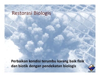 Restorasi Biologis




Perbaikan kondisi terumbu karang baik fisik
                               g
dan biotik dengan pendekatan biologis
 