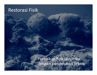 Restorasi Fisik




              Perbaikan fisik terumbu
              dengan pendekatan teknik
 