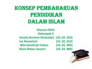 Konsep Pembaharuan
Pendidikan
dalam Islam
Disusun Oleh:
Kelompok 5
Amalia Burhani Wulandari
Iva Noviarival
Mila Nentinah Falhan
Nizar Ridaus Syamsi

(10. 02. 053)
(12. 02. 012)
(10. 02. 006)
(10. 02. 002)

 