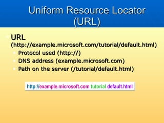 Uniform Resource Locator (URL) URL  (http://example.microsoft.com/tutorial/default.html) Protocol used (http://) DNS address (example.microsoft.com) Path on the server (/tutorial/default.html) http:// example.microsoft.com / tutorial / default.html 