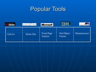Popular Tools Dreamweaver Net Object Fusion Front Page Express Home Site GoLive 