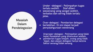 Masalah
Dalam
Pendelegasian
Under –delegasi : Pelimpahan tugas
terlalu sedikit. Staf diberi
wewenang yang sangat sedikit,
terbatas dan sering tidak terlalu
jelas.
Over-delegasi : Pemberian delegasi
berlebihan. Di sini dapat terjadi
penyalahgunaan wewenang
Unproper-delegasi : Pelimpahan yang tidak
tepat.Kesalahan yang ditemukan adalah,
pemberian tugas limpah, orang yang tidak
tepat, dan alasan delegasi hanya karena
faktor senang/tidak senang.
 