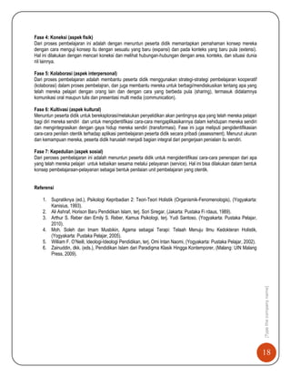 18
[Typethecompanyname]
Fase 4: Koneksi (aspek fisik)
Dari proses pembelajaran ini adalah dengan menuntun peserta didik memantapkan pemahaman konsep mereka
dengan cara menguji konsep itu dengan sesuatu yang baru (expansi) dan pada konteks yang baru pula (extensi).
Hal ini dilakukan dengan mencari koneksi dan melihat hubungan-hubungan dengan area, konteks, dan situasi dunia
riil lainnya.
Fase 5: Kolaborasi (aspek interpersonal)
Dari proses pembelajaran adalah membantu peserta didik menggunakan strategi-strategi pembelajaran kooperatif
(kolaborasi) dalam proses pembelajran, dan juga membantu mereka untuk berbagi/mendiskusikan tentang apa yang
telah mereka pelajari dengan orang lain dan dengan cara yang berbeda pula (sharing), termasuk didalamnya
komunikasi oral maupun tulis dan presentasi multi media (communication).
Fase 6: Kultivasi (aspek kultural)
Menuntun peserta didik untuk bereksplorasi/melakukan penyelidikan akan pentingnya apa yang telah mereka pelajari
bagi diri mereka sendiri dan untuk mengidentifikasi cara-cara mengaplikasikannya dalam kehidupan mereka sendiri
dan mengintegrasikan dengan gaya hidup mereka sendiri (transformasi). Fase ini juga meliputi pengidentifikasian
cara-cara penilain otentik terhadap aplikasi pembelajaran peserta didik secara pribadi (assessment). Menurut ukuran
dan kemampuan mereka, peserta didik haruslah menjadi bagian integral dari pengerjaan penialain itu sendiri.
Fase 7: Kepedulian (aspek sosial)
Dari peroses pembelajaran ini adalah menuntun peserta didik untuk mengidentifikasi cara-cara penerapan dari apa
yang telah mereka pelajari untuk kebaikan sesama melalui pelayanan (service). Hal ini bisa dilakukan dalam bentuk
konsep pembelajaraan-pelayanan sebagai bentuk penilaian unit pembelajaran yang otentik.
Referensi
1. Supratiknya (ed.), Psikologi Kepribadian 2: Teori-Teori Holistik (Organismik-Fenomenologis), (Yogyakarta:
Kanisius, 1993).
2. Ali Ashraf, Horison Baru Pendidikan Islam, terj. Sori Siregar, (Jakarta: Pustaka Fi rdaus, 1989).
3. Arthur S. Reber dan Emily S. Reber, Kamus Psikologi, terj. Yudi Santoso, (Yogyakarta: Pustaka Pelajar,
2010).
4. Moh. Soleh dan Imam Musbikin, Agama sebagai Terapi: Telaah Menuju Ilmu Kedokteran Holistik,
(Yogyakarta: Pustaka Pelajar, 2005).
5. William F. O‟Neill, Ideologi-Ideologi Pendidikan, terj. Omi Intan Naomi, (Yogyakarta: Pustaka Pelajar, 2002).
6. Zainuddin, dkk. (eds.), Pendidikan Islam dari Paradigma Klasik Hingga Kontemporer, (Malang: UIN Malang
Press, 2009).
 
