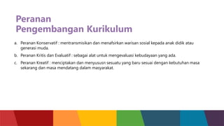 Peranan
Pengembangan Kurikulum
a. Peranan Konservatif : mentransmisikan dan menafsirkan warisan sosial kepada anak didik atau
generasi muda.
b. Peranan Kritis dan Evaluatif : sebagai alat untuk mengevaluasi kebudayaan yang ada.
c. Peranan Kreatif : menciptakan dan menyususn sesuatu yang baru sesuai dengan kebutuhan masa
sekarang dan masa mendatang dalam masyarakat.
 