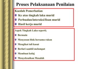 Proses Pelaksanaan Penilaian 
Kaedah Pemerhatian 
Ke atas tingkah laku murid 
Perbualan/interaksi/lisan murid 
Hasil kerja murid 
Aspek Tingkah Laku seperti; 
Bermain 
Menyusun blok bersama rakan 
Mengikat tali kasut 
Berlari sambil melompat 
Membuat kolaj 
Menyelesaikan Masalah 
 
