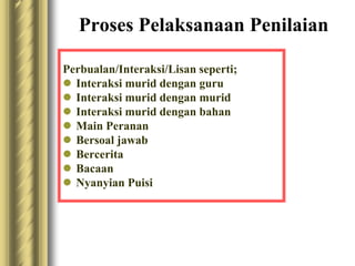 Proses Pelaksanaan Penilaian 
Perbualan/Interaksi/Lisan seperti; 
 Interaksi murid dengan guru 
 Interaksi murid dengan murid 
 Interaksi murid dengan bahan 
 Main Peranan 
 Bersoal jawab 
 Bercerita 
 Bacaan 
 Nyanyian Puisi 
 