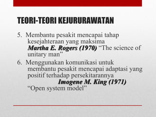 TEORI-TEORI KEJURURAWATAN
5. Membantu pesakit mencapai tahap
kesejahteraan yang maksima
Martha E. Rogers (1970)Martha E. Rogers (1970) “The science of
unitary man”
6. Menggunakan komunikasi untuk
membantu pesakit mencapai adaptasi yang
positif terhadap persekitarannya
Imogene M. King (1971)Imogene M. King (1971)
“Open system model”
 