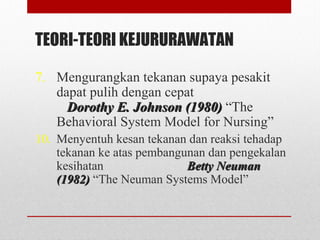 TEORI-TEORI KEJURURAWATAN
7. Mengurangkan tekanan supaya pesakit
dapat pulih dengan cepat
Dorothy E. Johnson (1980)Dorothy E. Johnson (1980) “The
Behavioral System Model for Nursing”
10. Menyentuh kesan tekanan dan reaksi tehadap
tekanan ke atas pembangunan dan pengekalan
kesihatan Betty NeumanBetty Neuman
(1982)(1982) “The Neuman Systems Model”
 