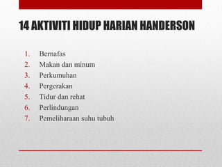 14 AKTIVITI HIDUP HARIAN HANDERSON
1. Bernafas
2. Makan dan minum
3. Perkumuhan
4. Pergerakan
5. Tidur dan rehat
6. Perlindungan
7. Pemeliharaan suhu tubuh
 