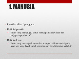 1. MANUSIA
• Pesakit / klien / pengguna
• Definisi pesakit
• “insan yang menunggu untuk mendapatkan rawatan dan
penjagaan perubatan”
• Definisi klien
• “insan yang mendapatkan nasihat atau perkhidmatan daripada
insan lain yang layak untuk memberikan perkhidmatan terbabit”
 
