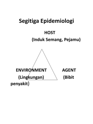 Segitiga Epidemiologi
HOST
(Induk Semang, Pejamu)
ENVIRONMENT AGENT
(Lingkungan) (Bibit
penyakit)
 