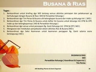 30AIR Wedding Planner & Event Organizer
Tugas :
1. Berkoordinasi untuk briefing dgn WO tentang semua aktivitas persiapan dan pelaksanaan yg
berhubungan dengan Busana & Rias ( WO & Perwakilan Keluarga )
2. Berkoordinasi dgn Tim Perias & Busana utk kelengkapan busana dan make up keluarga Inti ( WO )
3. Berkoordinasi dgn Tim Perias & Busana untuk daftar list busana untuk keluarga Inti CPW & CPP,
make up dan kelengkapannya ( WO & Perwakilan Keluarga )
4. Berkoordinasi dgn venue untuk penyiapan Rg. Ganti Keluarga Inti CPW & CPP ( WO )
5. Mengawasi dan melakukan penjadwalan dalam aktivitas Rias & Busana (WO )
6. Berkoordinasi dgn Seksi Keamanan untuk keamanan penjagaan Rg. Ganti selama acara
berlangsung ( WO )
BUSANA & RIAS
WO
Perwakilan Keluarga ( Koordinasi & Supervisi )
Tim Perias
Busana & Rias
 