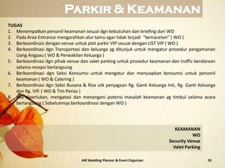35AIR Wedding Planner & Event Organizer
TUGAS
1. Menempatkan personil keamanan sesuai dgn kebutuhan dan briefing dari WO
2. Pada Area Entrance mengarahkan alur tamu agar tidak terjadi “kemacetan” ( WO )
3. Berkoordinasi dengan venue untuk plot parkir VIP sesuai dengan LIST VIP ( WO )
4. Berkoordinasi dgn Transportasi dan keluarga yg ditunjuk untuk mengatur prosedur pengamanan
Uang Angpau ( WO & Perwakilan Keluarga )
5. Berkoordinasi dgn pihak venue dan valet parking untuk prosedur keamanan dan traffic kendaraan
selama resepsi berlangsung
6. Berkoordinasi dgn Seksi Konsumsi untuk mengatur dan menyiapkan konsumsi untuk personil
keamanan ( WO & Catering )
7. Berkoordinasi dgn Seksi Busana & Rias utk penjagaan Rg. Ganti Keluarga Inti, Rg. Ganti Keluarga
dan Rg. VIP. ( WO & Tim Perias )
8. Bila diperlukan, mengatasi dan menangani potensi masalah keamanan yg timbul selama acara
berlangsung ( Sebelumnya berkoordinasi dengan WO )
KEAMANAN
WO
Security Venue
Valet Parking
Parkir & Keamanan
 