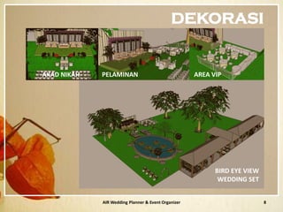 AIR Wedding Planner & Event Organizer 8
PELAMINAN AREA VIPAKAD NIKAH
BIRD EYE VIEW
WEDDING SET
DEKORASI
 