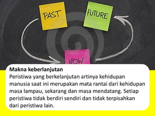 Makna keberlanjutan
Peristiwa yang berkelanjutan artinya kehidupan
manusia saat ini merupakan mata rantai dari kehidupan
masa lampau, sekarang dan masa mendatang. Setiap
peristiwa tidak berdiri sendiri dan tidak terpisahkan
dari peristiwa lain.