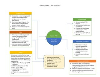 KONSEP PMB STT YBSI 2022/2023
Panitia PMB
Humas dan
Kerjasama
Program Study
1. Menyiapkan 1 dosen sebagai wakil
Pordi ke Panitia PMB (sebagai
penghubung Prodi dengan
PMB/Humas).
2. Membuat program kegiatan khas
Prodi untuk branding Prodi dan
menarik Mhs ke kampus.
3. Menyusun product knowledge ttg
prodi
P3M
1. Menyiapkan 1 staf sebagai wakil
P3M ke Panitia PMB (sebagai
penghubung Prodi dengan
PMB/Humas).
2. Melakukan sinkronsasi kegiatan
P3M dengan program PMB
3. Menyusun product knowledge ttg
penelitian dan pengabdian masy
Mitra
P3M
Mitra adalah industry/institusi yang
memiliki kepentingan ke Sekolah2 atau
Masyarakat. Membangun Kerjasama
untuk bergerak bersama. Beberapa yg
bisa bermitra:
1. PT Cakra Putra Parahyangan (UKK
Otomotif)
2. PT Wireka (Kelas Industri TKJ)
3. PPTIK ITB (PJJ SMK)
4. Aktara/ASA/Intel (Program
Coaching dll).
5. PT Satu Visi Indocreative (UKK)
6. Dll.
1. Membangun kemitraan
dengan MoU sesuai lingkup
Kerjasama,
2. Pembentukan pokja untuk
masing2 mitra
3. Ditunjuk dengan satu
penanggung jawab
Kehumasan / Branding
1. Melakukan branding/
sosialisasi kegiatan2 yg
dilakukan di kampus.
2. Menggunakan berbagai
media dan event untuk
branding
3. Inisiasi Kerjasama dengan
mitra
Promosi PMB
1. Menyusun jadwal PMB
lengkap
2. Membuat tool PMB (Brosur,
Spanduk dll)
3. Promosi PMB di beberapa
media (dengan analisis
terlebih dahulu)
4. Monitoring kegiatan2 Prodi
dan P3M
1. Koordinator PMB masing2 kampus
melakukan koordinasi dan inisiasi kegiatan
yang dapat dilakukan bersama.
2. Minimal 1 kegiatan bersama dalam 1 bulan.
3. Kegiatan menekankan pada efisiensi dan
ketentuan yg berlaku.
PMB Bersama UNIMBA
 