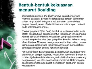 Bentuk-bentuk kekuasaan 
menurut Boulding 
• Disimbolkan dengan “the Stick” artinya suatu benda yang 
memiliki paksaan. Simbol ini berada pada tangan pemerintah 
dalam rangka perlindungan atas keamanan dan stabilitas 
negara dan rakyatnya. Simbol ini secara kelembagan melekat 
pada kelembagaan militer. 
• ‘Exchange power” (the Deal), bentuk ini lebih umum dan lebih 
efektif pengaruhnya daripada bentuk kekuasaan yang pertama, 
karena bentuk ini memiliki kekuasaan yang sudah memiliki 
dasar kesepakatan atas jasa yang diberikan dan imbalan yang 
akan diterima. Misalnya penugasn prajurit militer dalam medan 
latihan atau perang yang keberhasilannya akn mendapatkan 
tanda jasa imbalan berupa kenaikan pangkat. 
• “The Kiss” lebih diarahkan pada pembentukan kewajiban yang 
disimbolkan dengan loyalitas, respek dan komitmen. Bentuk ini 
mudah dijelaskan dalam hubungan individual antara seseorang 
dengan orang lain atas dasar relasi emosional. Kelembagaan 
sosial keagamaan juga dapat memberikan gambaran bentuk 
kekuasan ini. 
 