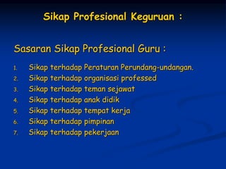 Sikap Profesional Keguruan :
Sasaran Sikap Profesional Guru :
1. Sikap terhadap Peraturan Perundang-undangan.
2. Sikap terhadap organisasi professed
3. Sikap terhadap teman sejawat
4. Sikap terhadap anak didik
5. Sikap terhadap tempat kerja
6. Sikap terhadap pimpinan
7. Sikap terhadap pekerjaan
 