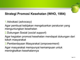 Strategi Promosi Kesehatan (WHO, 1984)
1.Advokasi (advocacy)
Agar pembuat kebijakan mengeluarkan peraturan yang
menguntungkan kesehatan
2.Dukungan Sosial (social support)
Agar kegiatan promosi kesehatan mendapat dukungan dari
tokoh masyarakat
3.Pemberdayaan Masyarakat (empowerment)
Agar masyarakat mempunyai kemampuan untuk
meningkatkan kesehatannya
Page  10
 