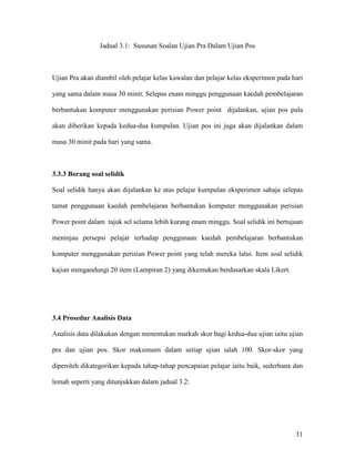 31
Jadual 3.1: Susunan Soalan Ujian Pra Dalam Ujian Pos
Ujian Pra akan diambil oleh pelajar kelas kawalan dan pelajar kelas eksperimen pada hari
yang sama dalam masa 30 minit. Selepas enam minggu penggunaan kaedah pembelajaran
berbantukan komputer menggunakan perisian Power point dijalankan, ujian pos pula
akan diberikan kepada kedua-dua kumpulan. Ujian pos ini juga akan dijalankan dalam
masa 30 minit pada hari yang sama.
3.3.3 Borang soal selidik
Soal selidik hanya akan dijalankan ke atas pelajar kumpulan eksperimen sahaja selepas
tamat penggunaan kaedah pembelajaran berbantukan komputer menggunakan perisian
Power point dalam tajuk sel selama lebih kurang enam minggu. Soal selidik ini bertujuan
meninjau persepsi pelajar terhadap penggunaan kaedah pembelajaran berbantukan
komputer menggunakan perisian Power point yang telah mereka lalui. Item soal selidik
kajian mengandungi 20 item (Lampiran 2) yang dikemukan berdasarkan skala Likert.
3.4 Prosedur Analisis Data
Analisis data dilakukan dengan menentukan markah skor bagi kedua-dua ujian iaitu ujian
pra dan ujian pos. Skor maksimum dalam setiap ujian ialah 100. Skor-skor yang
diperoleh dikategorikan kepada tahap-tahap pencapaian pelajar iaitu baik, sederhana dan
lemah seperti yang ditunjukkan dalam jadual 3.2:
 