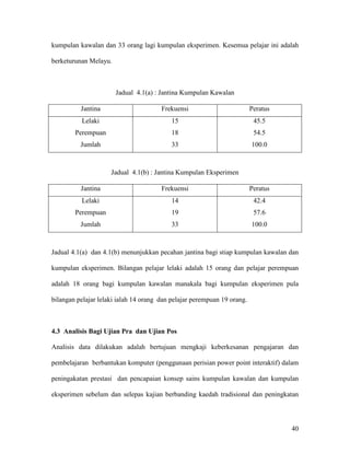 40
kumpulan kawalan dan 33 orang lagi kumpulan eksperimen. Kesemua pelajar ini adalah
berketurunan Melayu.
Jadual 4.1(a) : Jantina Kumpulan Kawalan
Jantina Frekuensi Peratus
Lelaki
Perempuan
Jumlah
15
18
33
45.5
54.5
100.0
Jadual 4.1(b) : Jantina Kumpulan Eksperimen
Jantina Frekuensi Peratus
Lelaki
Perempuan
Jumlah
14
19
33
42.4
57.6
100.0
Jadual 4.1(a) dan 4.1(b) menunjukkan pecahan jantina bagi stiap kumpulan kawalan dan
kumpulan eksperimen. Bilangan pelajar lelaki adalah 15 orang dan pelajar perempuan
adalah 18 orang bagi kumpulan kawalan manakala bagi kumpulan eksperimen pula
bilangan pelajar lelaki ialah 14 orang dan pelajar perempuan 19 orang.
4.3 Analisis Bagi Ujian Pra dan Ujian Pos
Analisis data dilakukan adalah bertujuan mengkaji keberkesanan pengajaran dan
pembelajaran berbantukan komputer (penggunaan perisian power point interaktif) dalam
peningakatan prestasi dan pencapaian konsep sains kumpulan kawalan dan kumpulan
eksperimen sebelum dan selepas kajian berbanding kaedah tradisional dan peningkatan
 