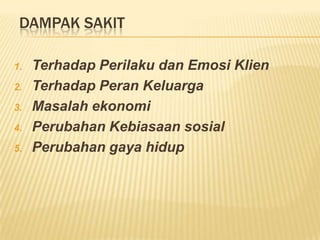 DAMPAK SAKIT
1. Terhadap Perilaku dan Emosi Klien
2. Terhadap Peran Keluarga
3. Masalah ekonomi
4. Perubahan Kebiasaan sosial
5. Perubahan gaya hidup
 