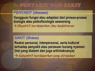 11
PENYAKIT DAN SAKIT
PENYAKIT (disease)
Gangguan fungsi atau adaptasi dari proses-proses
biologis atau psikofisiologis seseorang
Obyektif berdasarkan ilmu kedokteran
SAKIT (illness)
Reaksi personal, interpersonal, serta kultural
terhadap penyakit atau perasaan kurang nyaman
(hal yang dialami dan juga arti/maknanya)
Subyektif berdasarkan yang dirasakan
 