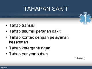 TAHAPAN SAKIT
• Tahap transisi
• Tahap asumsi peranan sakit
• Tahap kontak dengan pelayanan
kesehatan
• Tahap ketergantungan
• Tahap penyembuhan
(Schuman)
 