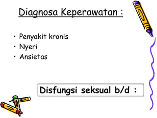 Diagnosa Keperawatan :

• Penyakit kronis
• Nyeri
• Ansietas



        Disfungsi seksual b/d :
 