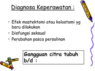 Diagnosa Keperawatan :

• Efek mastektomi atau kolostomi yg
  baru dilakukan
• Disfungsi seksual
• Perubahan pasca persalinan


       Gangguan citra tubuh
       b/d :
 