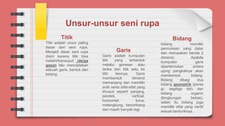 Unsur-unsur seni rupa
Titik
Titik adalah unsur paling
dasar dari seni rupa.
Menjadi dasar seni rupa
disini karena titik bisa
melahirkanwujud ide/ga
gasan lalu menciptakan
sebuah garis, bentuk dan
bidang.
Garis
Garis adalah kumpulan
titik yang terbentuk
melalui goresan atau
tarika dari titik satu ke
titik lainnya. Garis
membentuk dimensi
memanjang dan memiliki
arah serta sifat-sifat yang
khusus seperti panjang,
pendek, vertical,
horizontal, lurus,
melengkung, berombang
dan masih banyak lagi.
Bidang
bidang memiliki
permukaan yang datar
dan merupakan benda 2
dimensi. Apabila
kumpulan garis
dipertemukan antara
ujung pangkalnya akan
membentuk bidang.
Bidang dibagi dua
bidang geometrik (perse
gi, segitiga dst) dan
bidang organic
(lengkungan bebas),
selain itu bidang juga
memiliki sifat yang varitif
sesuai bentunknya.
 