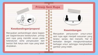 Kesebandingan/proporsi
Merupakan perbandingan atara bagian
per bagian/secara keseluruhan. prinsip
seni rupa yang memiliki acuan pada
keteraturan serta penyesuaian dari
bentuk fisik karya seni rupa yang telah
diciptakan.
Keseimbangan
Merupakan penyusunan unsur-unsur
seni rupa agar menjadi sususnan yang
teratur, serasi, dan menarik. Hal ini
berkaitan dengan mengkombinasikan
berbagai unsur sehingga menghasilkan
gambar yang indah.
Prinsip Seni Rupa
 