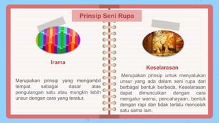 Irama
Merupakan prinsip yang mengambil
tempat sebagai dasar atas
pengulangan satu atau mungkin lebih
unsur dengan cara yang teratur.
Keselarasan
Merupakan prinsip untuk menyatukan
unsur yang ada dalam seni rupa dari
berbagai bentuk berbeda. Keselarasan
dapat dimunculkan dengan cara
mengatur warna, pencahayaan, bentuk
dengan rapi dan tidak terlalu mencolok
satu sama lain.
Prinsip Seni Rupa
 