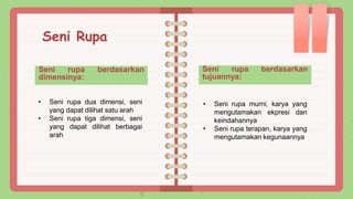 Seni Rupa
• Seni rupa dua dimensi, seni
yang dapat dilihat satu arah
• Seni rupa tiga dimensi, seni
yang dapat dilihat berbagai
arah
Seni rupa berdasarkan
dimensinya:
Seni rupa berdasarkan
tujuannya:
• Seni rupa murni, karya yang
mengutamakan ekpresi dan
keindahannya
• Seni rupa terapan, karya yang
mengutamakan kegunaannya
 