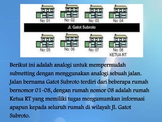 Berikut ini adalah analogi untuk mempermudah
subnetting dengan menggunakan analogi sebuah jalan.
Jalan bernama Gatot Subroto terdiri dari beberapa rumah
bernomor 01-08, dengan rumah nomor 08 adalah rumah
Ketua RT yang memiliki tugas mengumumkan informasi
apapun kepada seluruh rumah di wilayah Jl. Gatot
Subroto.

 