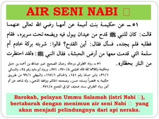 AIR SENI NABI 
Barokah, pelayan Ummu Salamah (istri Nabi ), 
bertabaruk dengan menimun air seni Nabi yang 
akan menjadi pelindungnya dari api neraka. 
 
