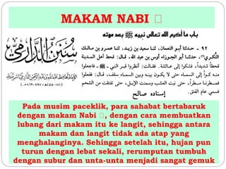 MAKAM NABI 
Pada musim paceklik, para sahabat bertabaruk 
dengan makam Nabi , dengan cara membuatkan 
lubang dari makam itu ke langit, sehingga antara 
makam dan langit tidak ada atap yang 
menghalanginya. Sehingga setelah itu, hujan pun 
turun dengan lebat sekali, rerumputan tumbuh 
dengan subur dan unta-unta menjadi sangat gemuk 
 