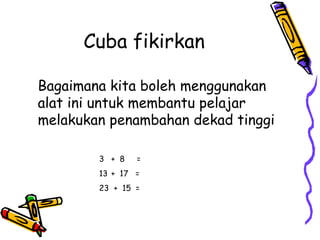 Cuba fikirkan
Bagaimana kita boleh menggunakan
alat ini untuk membantu pelajar
melakukan penambahan dekad tinggi
3 + 8 =
13 + 17 =
23 + 15 =
 