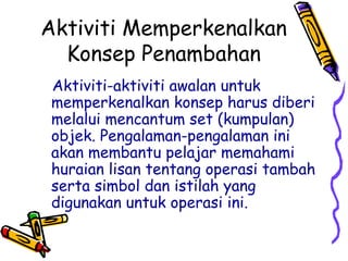Aktiviti Memperkenalkan
Konsep Penambahan
Aktiviti-aktiviti awalan untuk
memperkenalkan konsep harus diberi
melalui mencantum set (kumpulan)
objek. Pengalaman-pengalaman ini
akan membantu pelajar memahami
huraian lisan tentang operasi tambah
serta simbol dan istilah yang
digunakan untuk operasi ini.
 