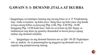  Ipagpalagay na katatapos lamang ang inyong klase sa A. P. NAgkataong
may tinda sa kantina ng buko juice. Ilang baso ng buko juice ang handa
at kaya mong bilhin sa presyong Php. 6.00, Php. 8.00 Php. 10.00
hanggang Php. 14.00 kada baso. Itala ito sa kolum ng Qd. Ilagay sa
talahanayan ang dami ng quantity demanded sa bawat presyo upang
mabuo ang demand schedule.
 Ipagpalagay na ang demand function mo ay Qd= 50-2P. Pagkatapos
nito ay ipakita ito sa pamamagitan ng paggawa ng demand curve at
sagutan ang pamprosesong tanong.
 