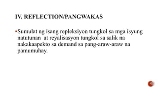 Sumulat ng isang repleksiyon tungkol sa mga isyung
natutunan at reyalisasyon tungkol sa salik na
nakakaapekto sa demand sa pang-araw-araw na
pamumuhay.
 