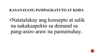 Natatalakay ang konsepto at salik
na nakakaapekto sa demand sa
pang-araw-araw na pamumuhay.
KASANAYANG PAMPAGKATUTO AT KODA
 