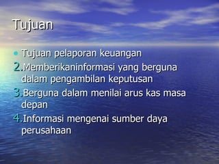 Tujuan Tujuan pelaporan keuangan Memberikaninformasi yang berguna dalam pengambilan keputusan Berguna dalam menilai arus kas masa depan Informasi mengenai sumber daya perusahaan 