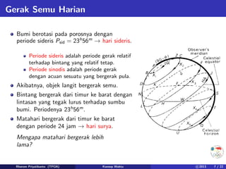 Gerak Semu Harian
Bumi berotasi pada porosnya dengan
periode sideris Psid = 23h
56m
→ hari sideris.
Periode sideris adalah periode gerak relatif
terhadap bintang yang relatif tetap.
Periode sinodis adalah periode gerak
dengan acuan sesuatu yang bergerak pula.
Akibatnya, objek langit bergerak semu.
Bintang bergerak dari timur ke barat dengan
lintasan yang tegak lurus terhadap sumbu
bumi. Periodenya 23h
56m
.
Matahari bergerak dari timur ke barat
dengan periode 24 jam → hari surya.
Mengapa matahari bergerak lebih
lama?
Rhorom Priyatikanto (TPOA) Konsep Waktu c 2013 7 / 22
 