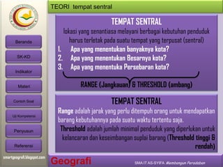 TEORI tempat sentral

TEMPAT SENTRAL
Beranda

SK-KD
Indikator
Materi

lokasi yang senantiasa melayani berbagai kebutuhan penduduk
harus terletak pada suatu tempat yang terpusat (sentral)
1. Apa yang menentukan banyaknya kota?
2. Apa yang menentukan Besarnya kota?
3. Apa yang menentuka Persebaran kota?
RANGE (Jangkauan) & THRESHOLD (ambang)

TEMPAT SENTRAL

Contoh Soal

Uji Kompetensi

Penyusun
Referensi
smartgeografi.blogspot.com

Range adalah jarak yang perlu ditempuh orang untuk mendapatkan
barang kebutuhannya pada suatu waktu tertentu saja.
Threshold adalah jumlah minimal penduduk yang diperlukan untuk
kelancaran dan keseimbangan suplai barang (Threshold tinggi &
rendah)

Geografi

SMA IT AS-SYIFA Membangun Peradaban

 