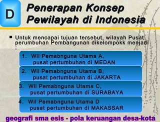  Untuk mencapai tujuan tersebut, wilayah Pusat
perumbuhan Pembangunan dikelompokk menjadi
:
Penerapan KonsepPenerapan Konsep
Pewilayah di IndonesiaPewilayah di IndonesiaD
1. Wil Pemabnguna Utama A,
pusat pertumbuhan di MEDAN
2. Wil Pemabnguna Utama B,
pusat pertumbuhan di JAKARTA
3. Wil Pemabnguna Utama C,
pusat pertumbuhan di SURABAYA
4. Wil Pemabnguna Utama D
pusat pertumbuhan di MAKASSAR
 