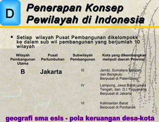 Wilayah
Pembangunan
Utama
Pusat
Pertumbuhan
Subwilayah
Pembangunan
Kota yang dikembangkan
meliputi daerah Provinsi
B Jakarta III Jambi, Sumatera Selatan,
dan Bengkulu
Berpusat di Palembang
IV Lampung, Jawa Barat, Jawa
Tengah, dan D.I Yogyakarta
Berpusat di Jakarta
VI Kalimantan Barat
Berpusat di Pontianak
Penerapan KonsepPenerapan Konsep
Pewilayah di IndonesiaPewilayah di IndonesiaD
 Setiap wilayah Pusat Pembangunan dikelompokk
ke dalam sub wil pembangunan yang berjumlah 10
wilayah
 